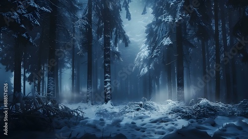 Mystical winter forest with snow