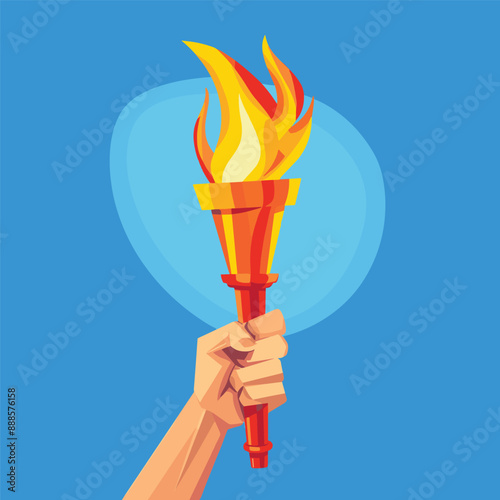A hand holding a flaming torch with a blue background.  The torch is a symbol of victory, determination, and hope.