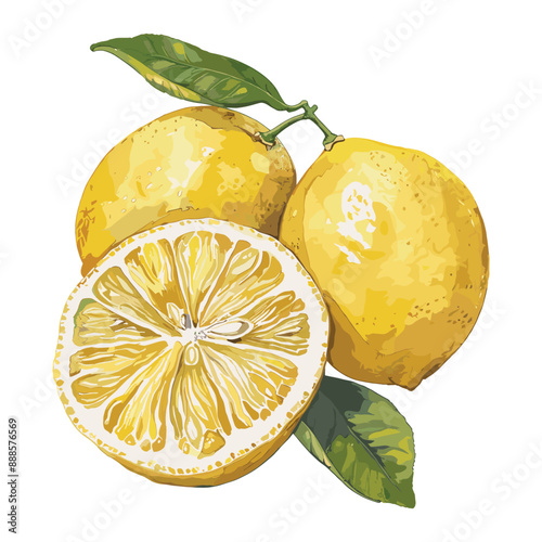 Fresh, juicy lemons with leaves isolated on white background.  Perfect for culinary or wellness imagery, symbolizing freshness, health, and citrusy flavor.