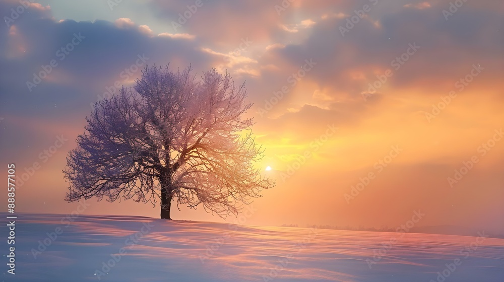 Fototapeta premium Tree in snow scene with dramatic sunset