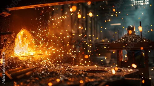 Bright and energetic blacksmithing scene with glowing forge