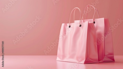 Realistic photo of pink shopping bag on table, pink background, minimalist design.