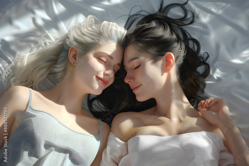 Fototapeta premium Women with contrasting hair on silk sheets in serene morning light