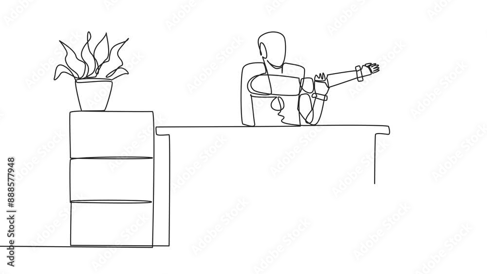 Self drawing animation of single continuous line drawing robot sitting in a work chair with his arms crossed. Train continuous muscle movements. Artificial intelligence tech. Full length animated Self drawing animation of single continuous line drawing robot sitting in a work chair with his arms crossed. Train continuous muscle movements. Artificial intelligence tech. Full length animated