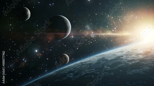 Fototapeta Naklejka Na Ścianę i Meble -  Distant planet system in space with exoplanets