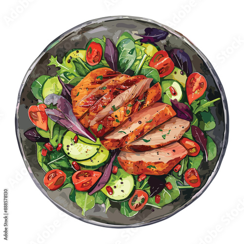 Delicious grilled chicken salad with fresh tomatoes, cucumbers, and mixed greens on a black plate. Healthy and flavorful meal for lunch or dinner.