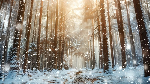 Low angle winter forest landscape with blurry background