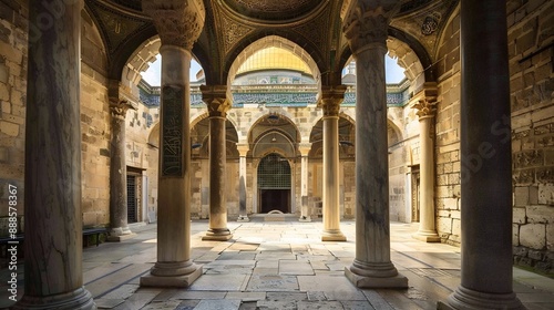 Stone Columns Leading to a Dome in a Mosque Courtyard