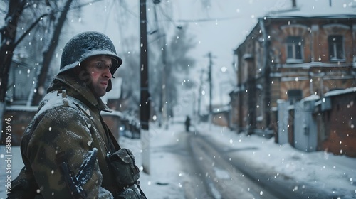 Wartime soldier standing in snowy street during winter photo