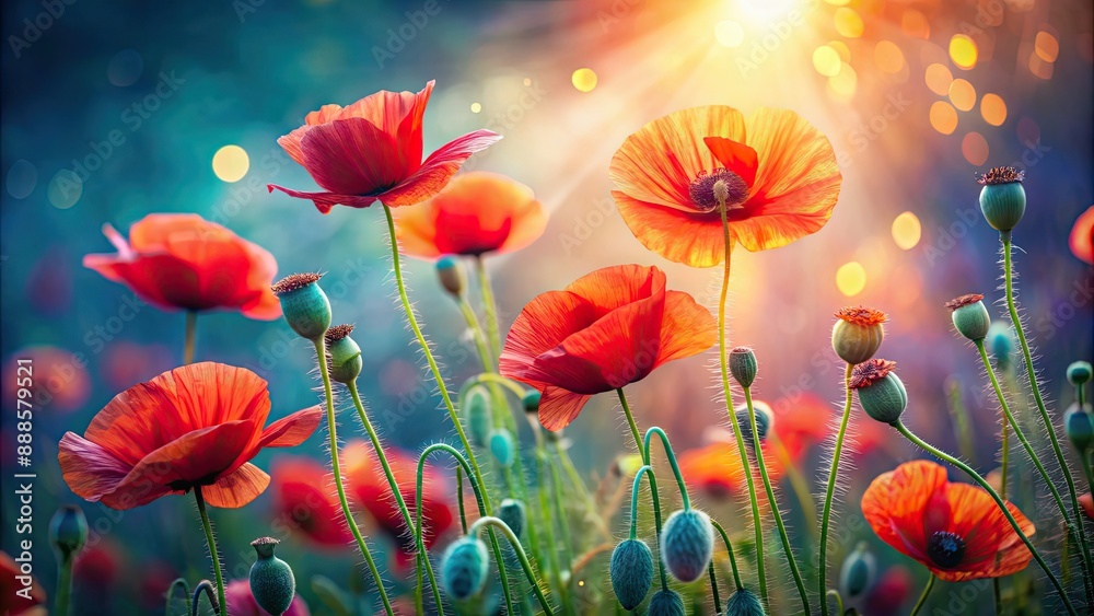 Obraz premium Vibrant poppy flowers blooming in ethereal light, showcasing the beauty of nature, poppy, flowers, bloom, vibrant, ethereal, light