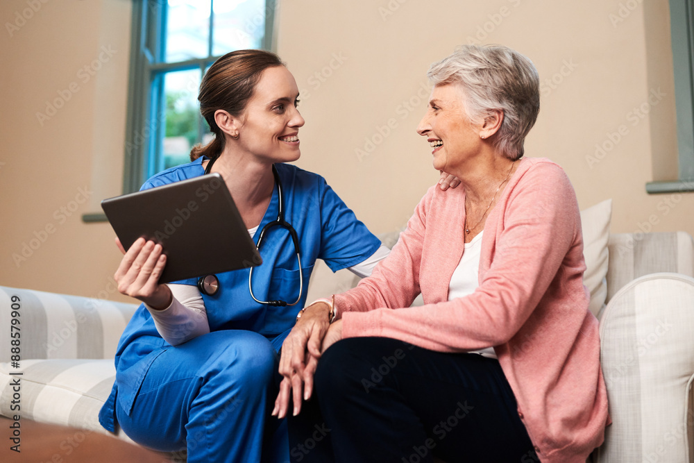 Senior woman, caregiver and tablet on sofa at house for medical schedule, healthcare and wellness report. People, nurse and digital service, Telehealth and assessment information for consultation