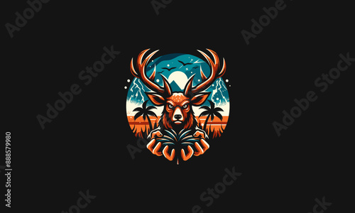 head deer angry with palm on beach vector flat design