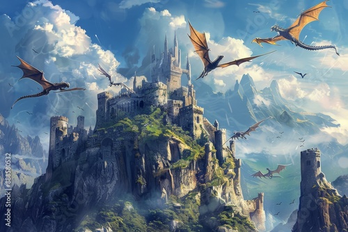 A Majestic Mountaintop Castle with Dragons Soaring photo