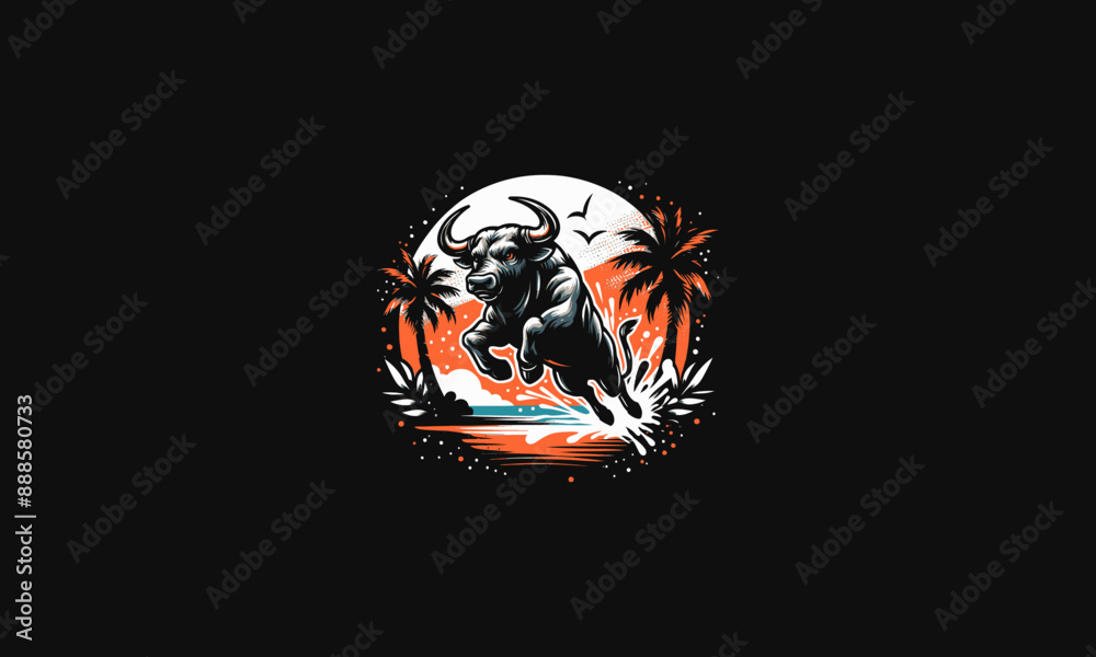 bull angry with palm on beach vector flat design bull angry with palm on beach vector flat design