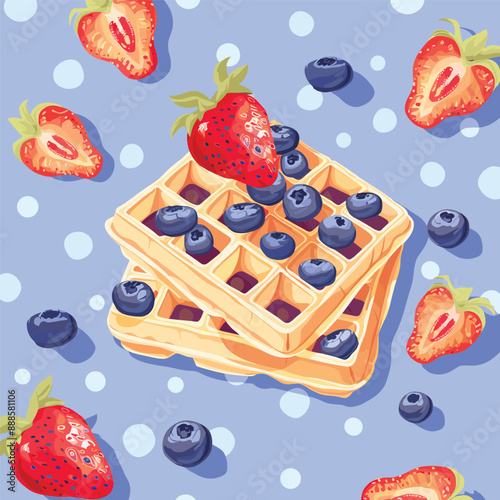 Delicious waffles topped with fresh strawberries and blueberries. A perfect breakfast or snack for any occasion.