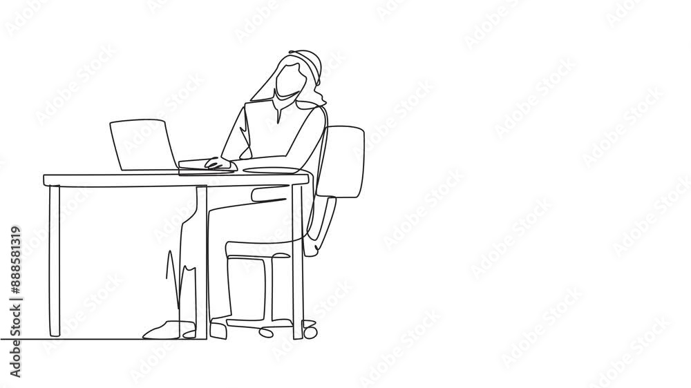 Self drawing animation of continuous one line drawing Arab man sitting in work chair typing on a laptop with his head tilted. Eliminates stiff neck due to being too busy. Full length animated Self drawing animation of continuous one line drawing Arab man sitting in work chair typing on a laptop with his head tilted. Eliminates stiff neck due to being too busy. Full length animated