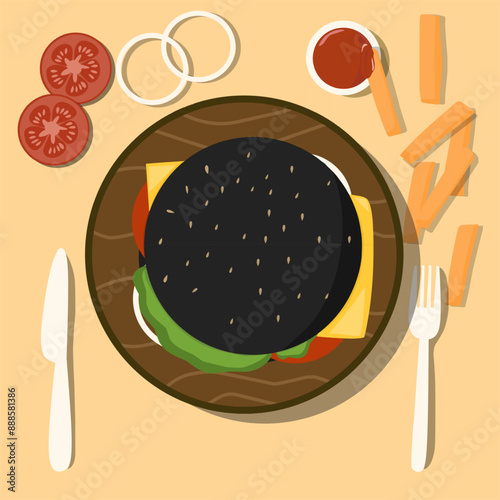 Black Bun Burger vector top view vector illustration 