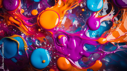 Colorful Drops of Liquid Paint Drained on Purple Background, Abstract Image, Texture, Pattern Background, Wallpaper, Cover and Screen of Smartphone, Cell Phone, Computer, Laptop, 9:16 and 16:9 Format