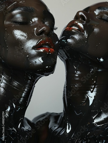 Two women showcasing luxurious beauty with oilcovered faces and vibrant red lipstick in artistic fashion portrait photo