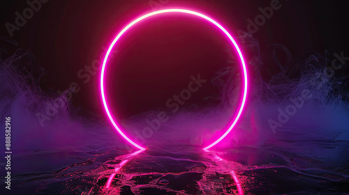 Neon glowing circle frame stand in darkness with fog effect, 3d rendering. Colorfil diode ring or round stage border with smoke. Ultraviolet electronic tube with lighing for. 3D Illustration photo