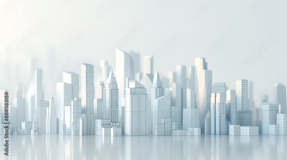 Abstract White Cityscape with Reflective Surface and High-rise Buildings.. Abstract White Cityscape with Reflective Surface and High-rise Buildings..
