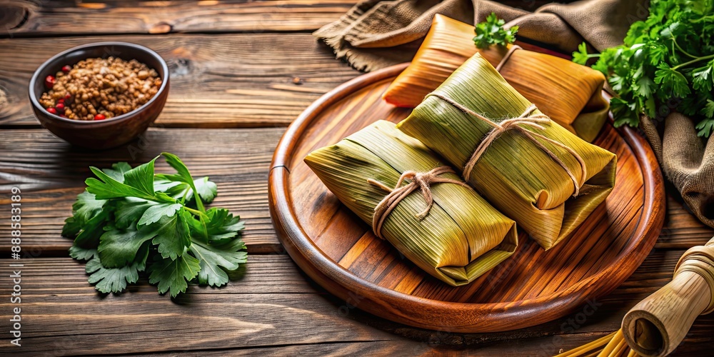 Fototapeta premium Delicious Colombian tamale preparation with cilantro on wooden table, Colombian, tamale, preparation, dish