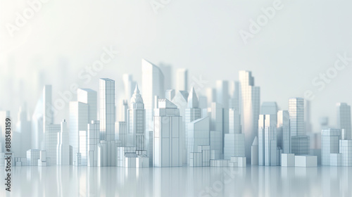 Abstract White Cityscape with Reflective Surface and High-rise Buildings..