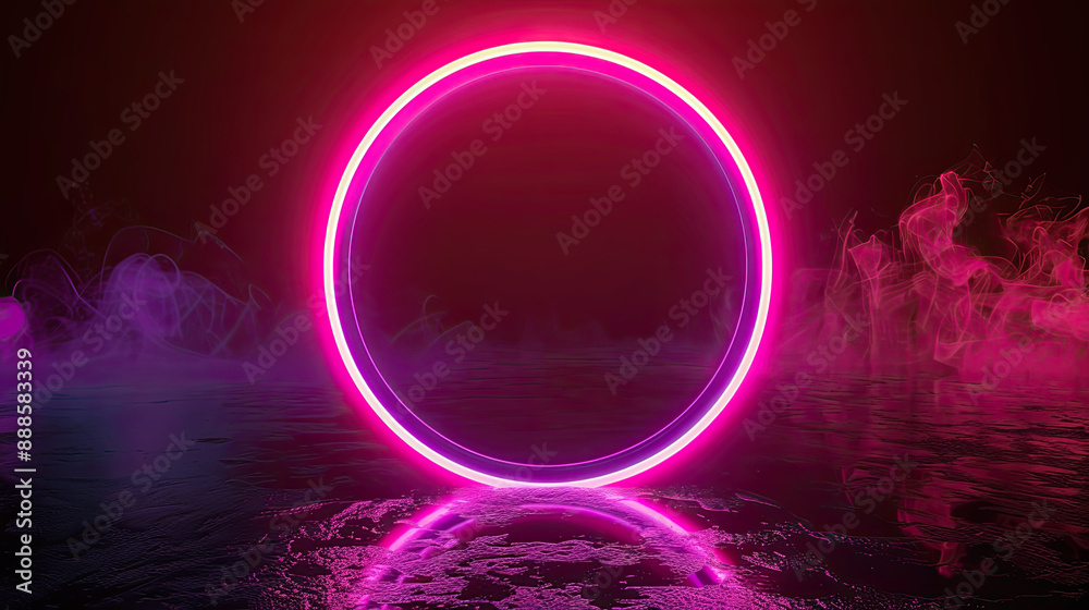 Neon glowing circle frame stand in darkness with fog effect, 3d rendering. Colorfil diode ring or round stage border with smoke. Ultraviolet electronic tube with lighing for. 3D Illustration Neon glowing circle frame stand in darkness with fog effect, 3d rendering. Colorfil diode ring or round stage border with smoke. Ultraviolet electronic tube with lighing for. 3D Illustration