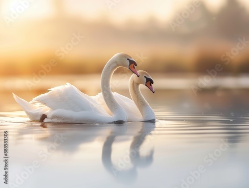 A pair of swans gliding on a calm pond with a meadow backdrop, bucolic serenity, relaxing pastoral scene