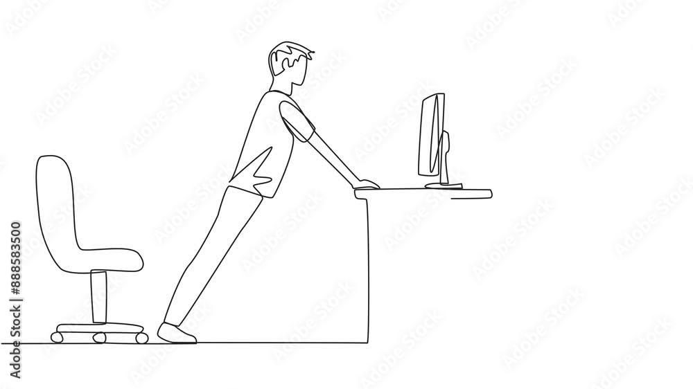 Animated self drawing of continuous one line drawing man do push up movements by holding edge of work table. Stretch to get sweat on. Eyes focused on LCD monitor screen. Full length animation Animated self drawing of continuous one line drawing man do push up movements by holding edge of work table. Stretch to get sweat on. Eyes focused on LCD monitor screen. Full length animation