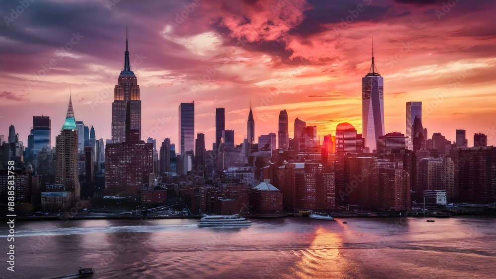 Obraz premium Sunset Over the River: City Skyline with Iconic Landmarks and River Boats