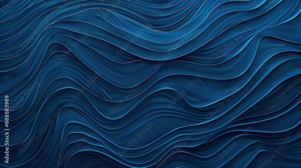 Abstract Blue Wavy Surface with Lines in the Shape of Waves, Artistic 3D Rendering of Motion and Fluidity Abstract Blue Wavy Surface with Lines in the Shape of Waves, Artistic 3D Rendering of Motion and Fluidity