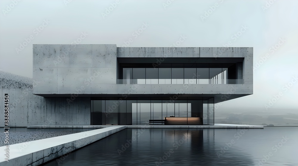 Modern concrete house with minimalist design, large glass windows, and ...