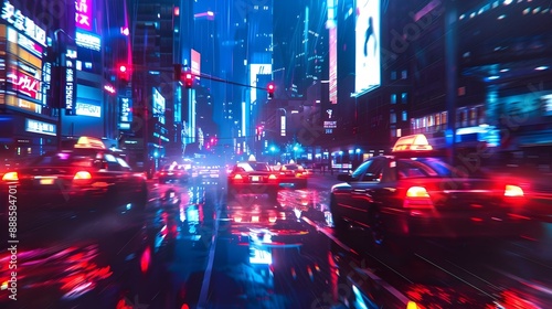 Vibrant cityscape with neon lights and dynamic traffic