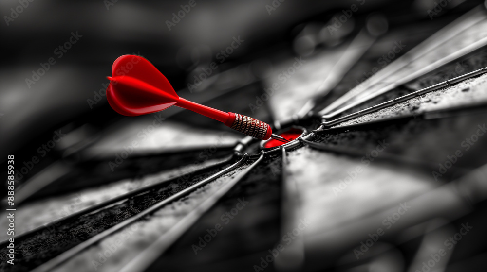 Red Dart Hitting Bullseye on Dartboard with Blurred Background