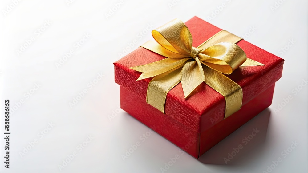 Obraz premium Red gift box with gold ribbon and bow on white background, gift, present, box, red, ribbon, bow