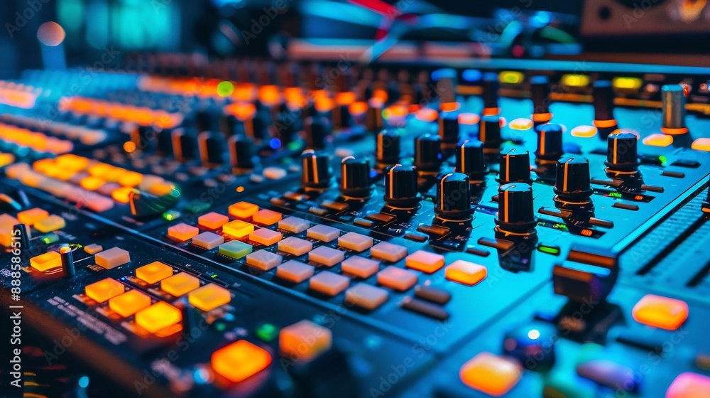 Close-up of a Sound Mixing Console with Illuminated Buttons Close-up of a Sound Mixing Console with Illuminated Buttons