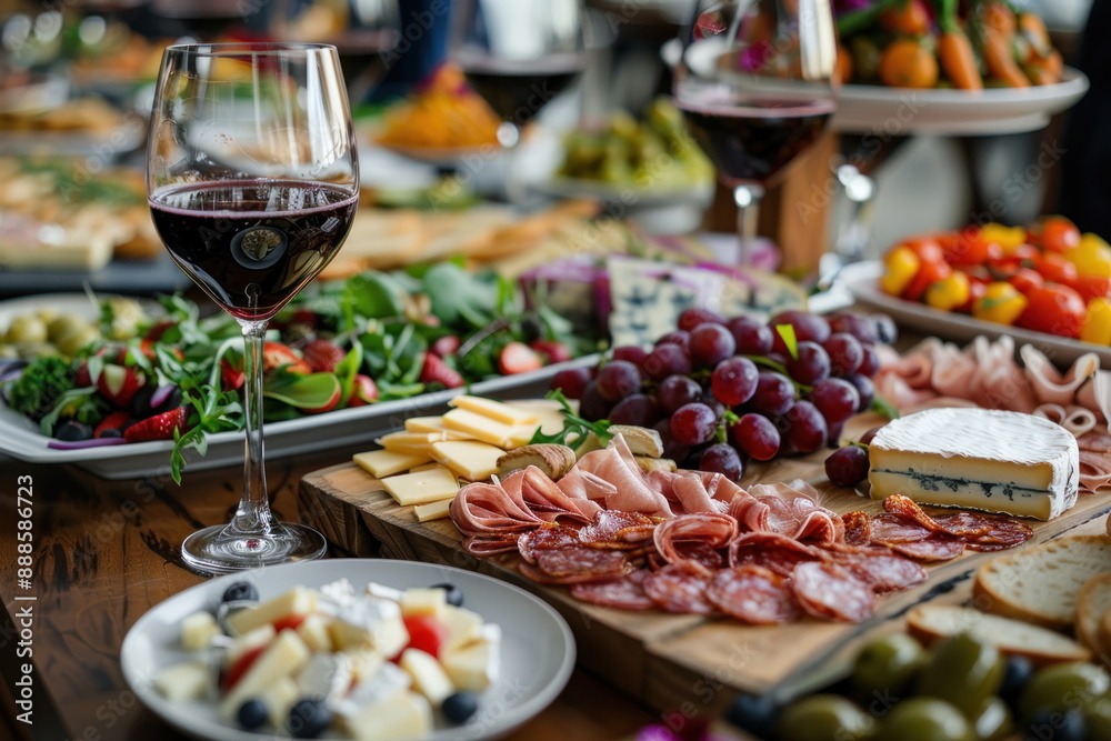 red wine in glass and cheese with many food on long table red wine in glass and cheese with many food on long table