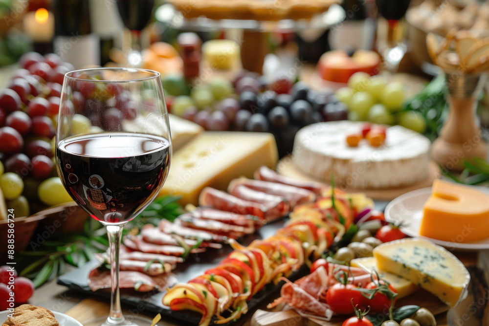 red wine in glass and cheese with many food on long table red wine in glass and cheese with many food on long table