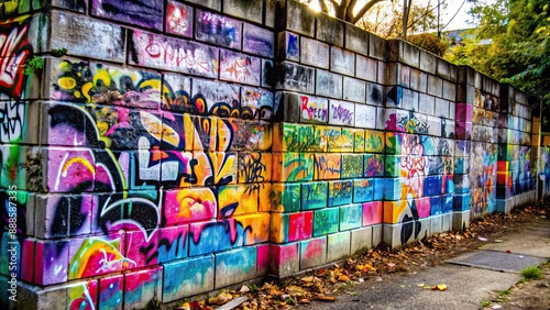 Concrete block wall covered in vibrant graffiti , urban, street art, spray paint, texture, background