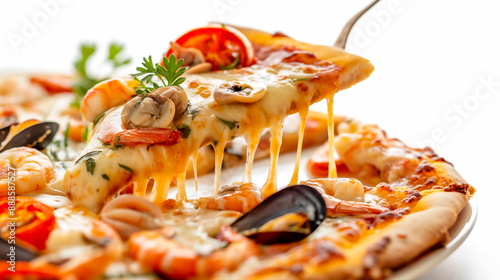 A slice of seafood pizza, brimming with shrimp, mussels, and melted cheese, promises a flavorful feast. photo