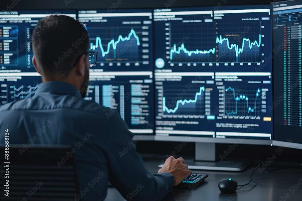 Man analyzing multiple financial data charts on computer monitors. Business stock market trader at work in modern office. Man analyzing multiple financial data charts on computer monitors. Business stock market trader at work in modern office.
