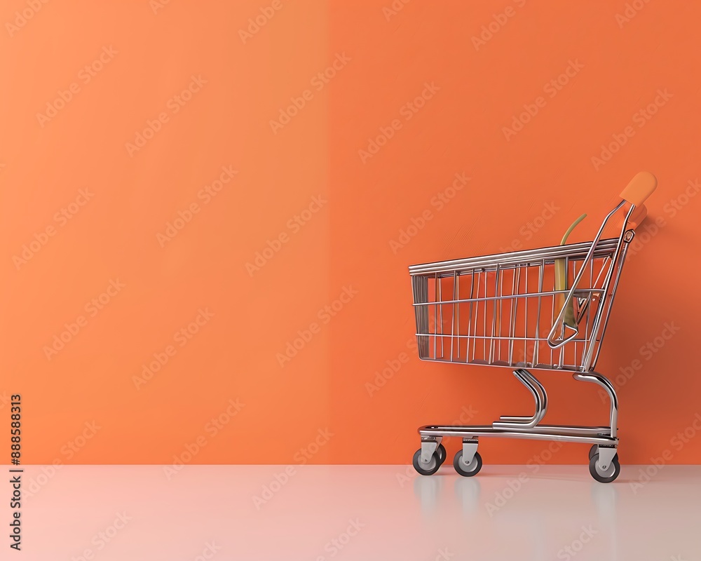 ShopHaw cart on an orange background, blank space on left, detailed 3D rendering, ultra-realistic photo style. ShopHaw cart on an orange background, blank space on left, detailed 3D rendering, ultra-realistic photo style.