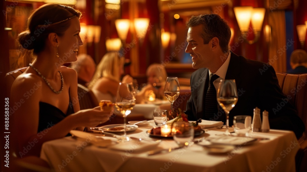 Couple in their forties enjoying a romantic dinner at an elegant restaurant Couple in their forties enjoying a romantic dinner at an elegant restaurant