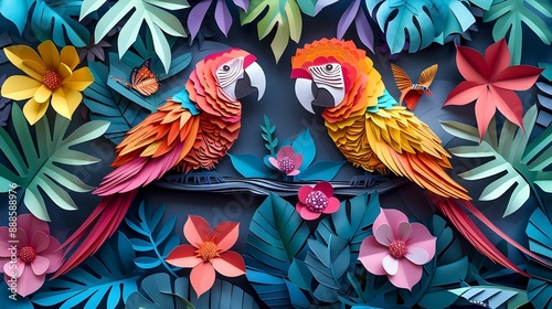 Paper cut illustrations with a parrot flying over a pastel tropical rainforest, with a rainbow in the background 