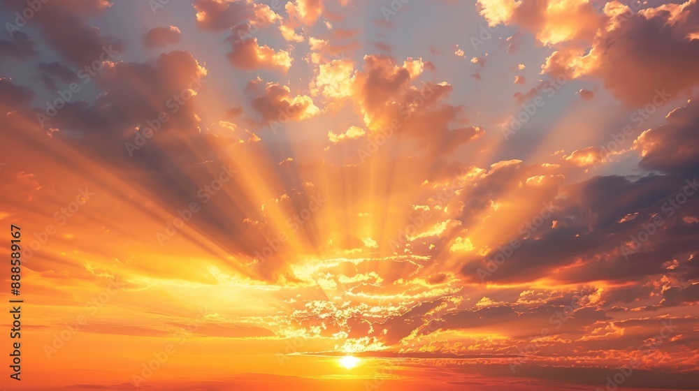 Fototapeta premium A beautiful sunset sky with orange and yellow hues, rays of light breaking through the clouds.