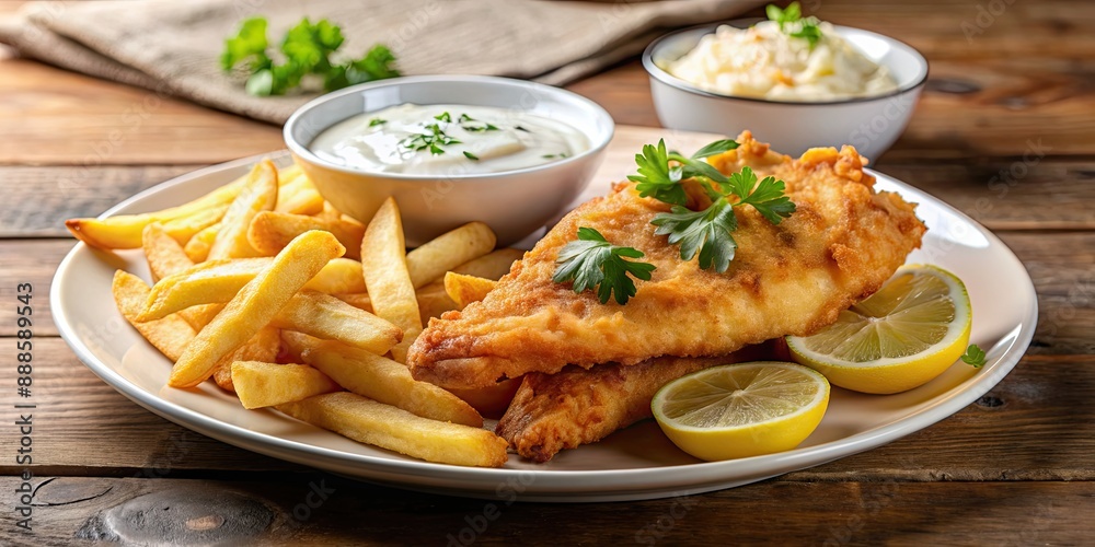 Deep-fried fish with golden-brown French fries, served with lemon slice and tartar sauce, fish and chips Deep-fried fish with golden-brown French fries, served with lemon slice and tartar sauce, fish and chips