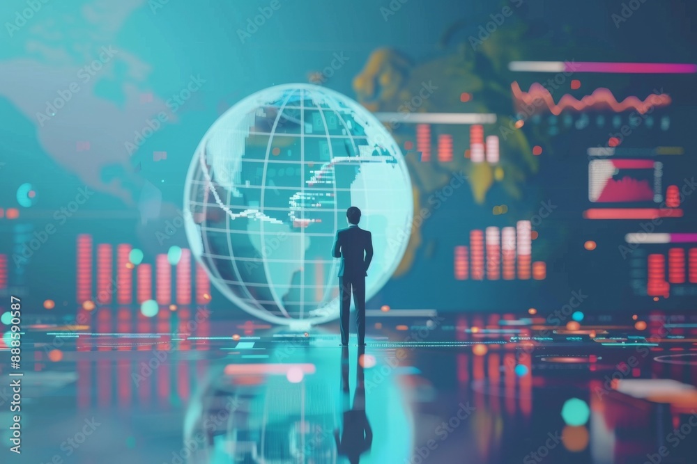 Naklejka premium 3D Technical Illustration Featuring Data Analysis Tools with Globe and Businessman Silhouettes, Representing Global Business Analytics and Technology Integration.