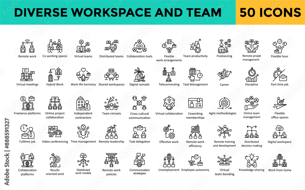 Fototapeta premium Diverse workspace and team icon set with distributed teams, collaboration tools, flexible work arrangements, team productivity, freelancing, remote project management icon. Simple line vector 
