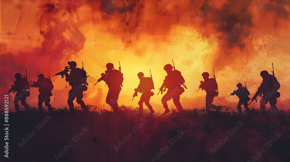 Fototapeta premium Soldiers silhouettes in the midst of intensity